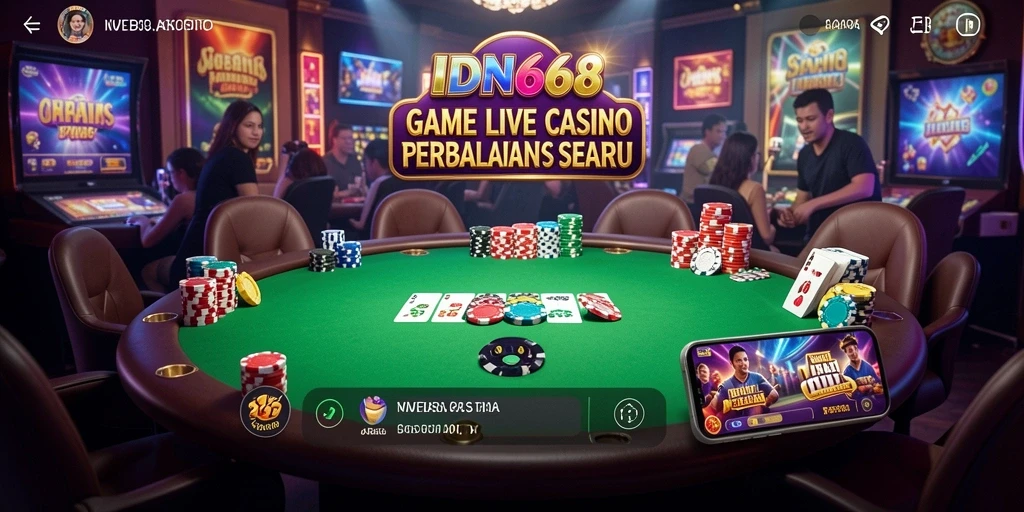 Screenshot utama IDN668 menampilkan dealer dan permainan Live Casino yang seru.